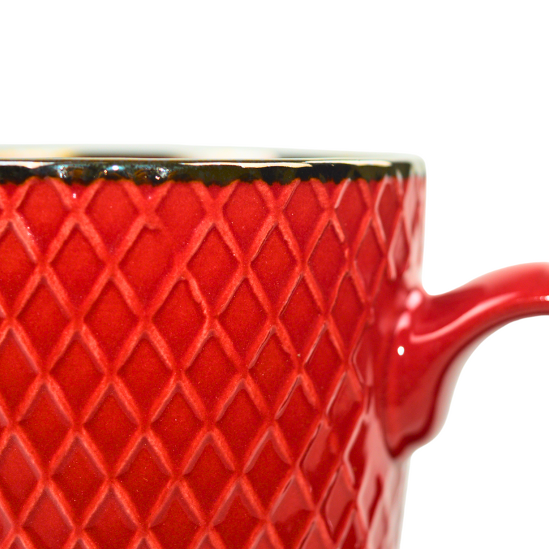 Crossed Grace: Red Ceramic Mug with Modern Pattern